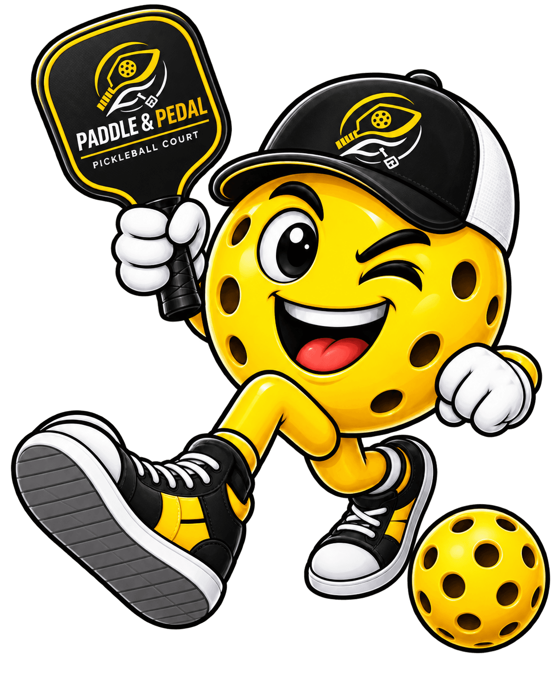 Paddle & Pedal club mascot — a pickleball character holding a paddle