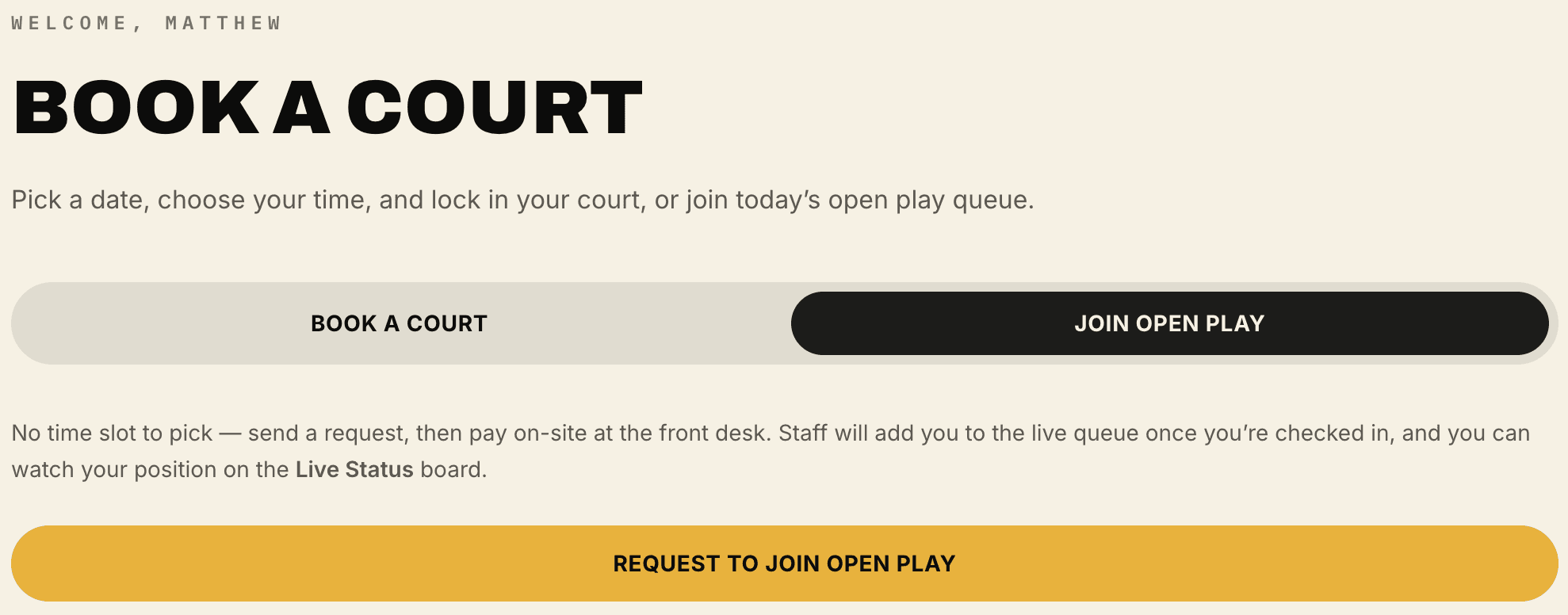 The Book a Court page with the Join Open Play tab selected and the Request to Join Open Play button