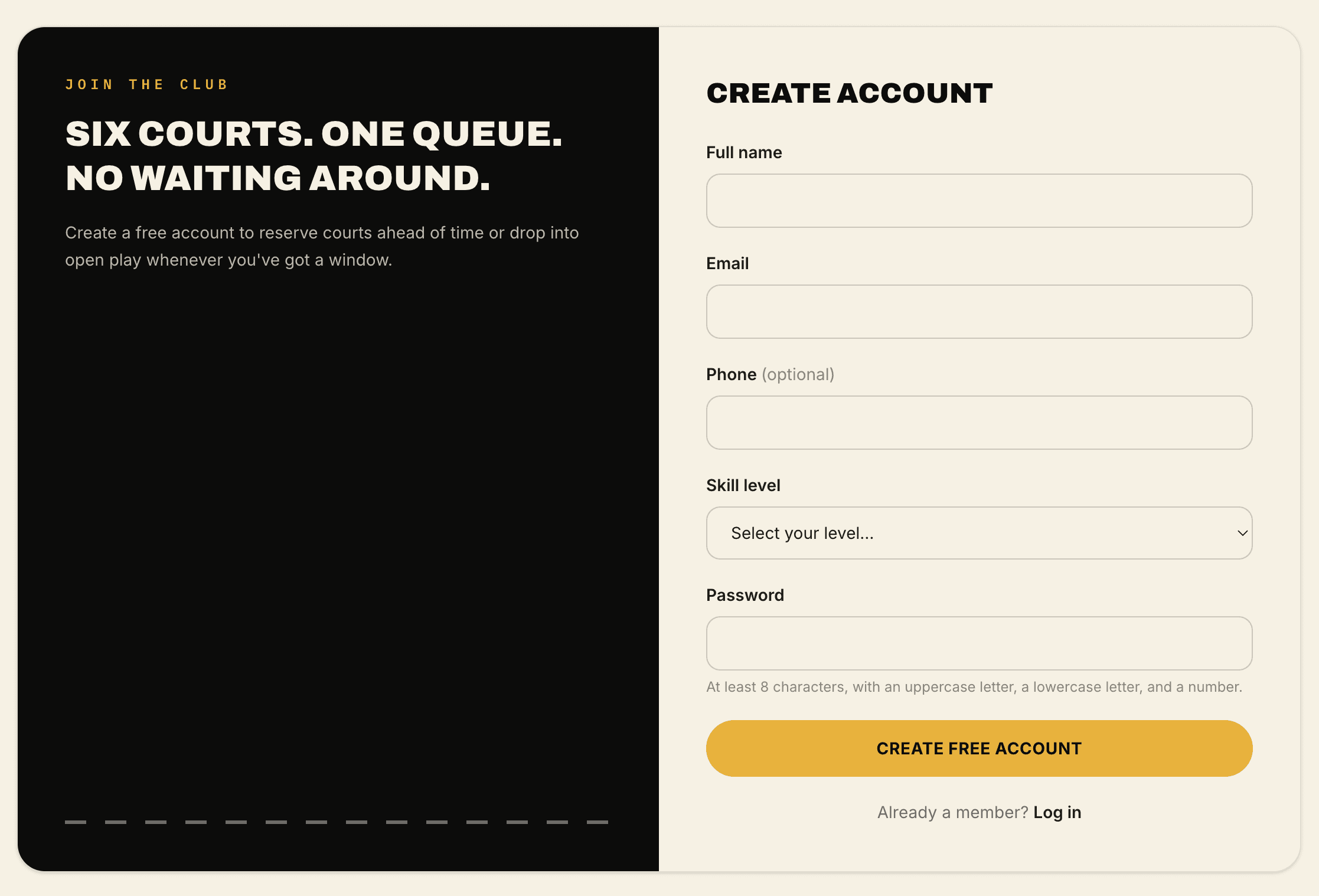 The Create Account sign up form, asking for full name, email, phone, skill level, and password